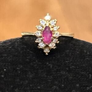 ESTATE Solid 14K Gold Navette Marquise-Cut Natural Ruby Diamond Halo Ring 4.75